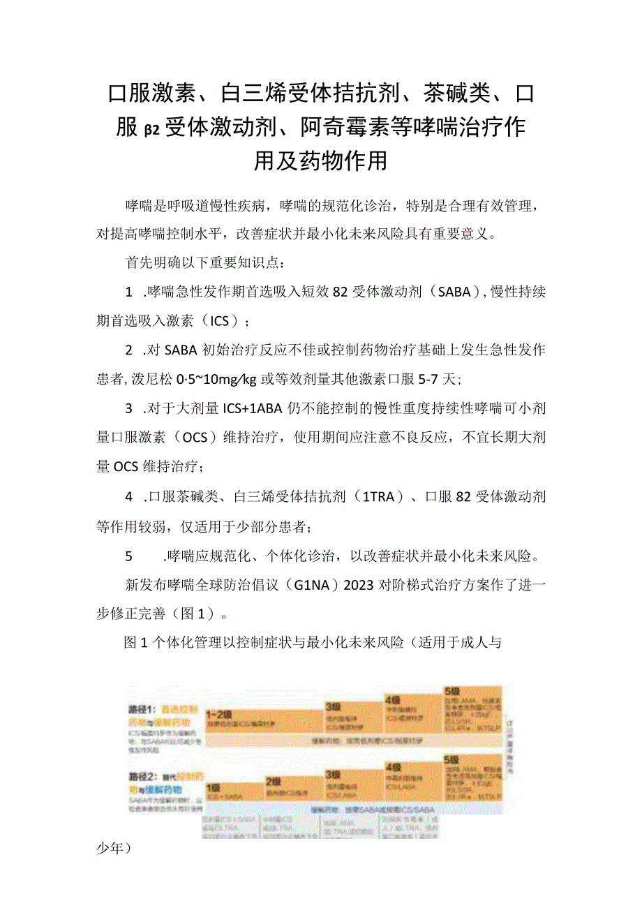 口服激素白三烯受体拮抗剂茶碱类口服β2受体激动剂阿奇霉素等哮喘治疗作用及药物注意事项.docx_第1页