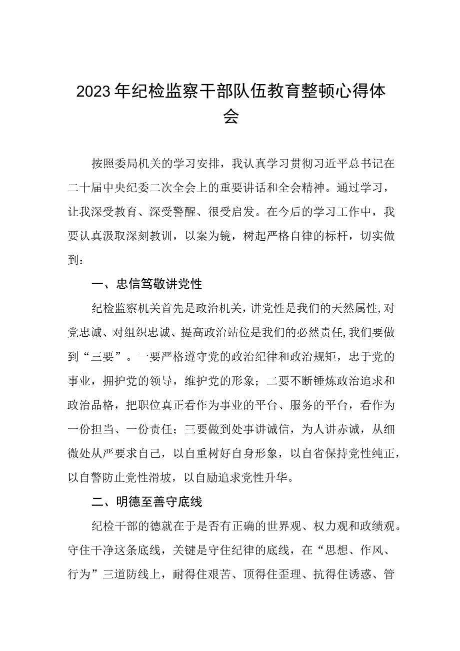 关于2023纪检监察干部队伍教育整顿的心得体会两篇范文.docx_第1页