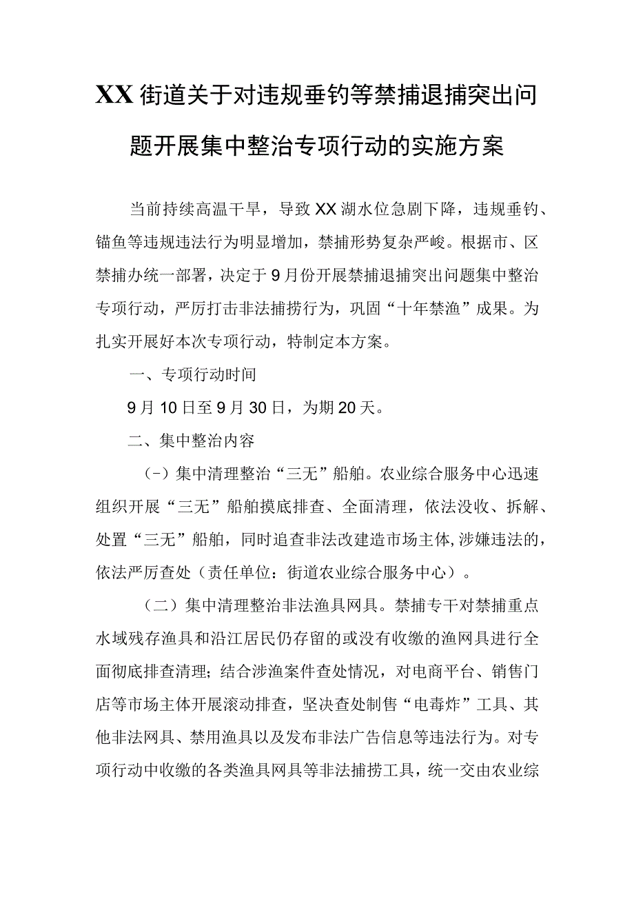 XX街道关于对违规垂钓等禁捕退捕突出问题开展集中整治专项行动的实施方案.docx_第1页