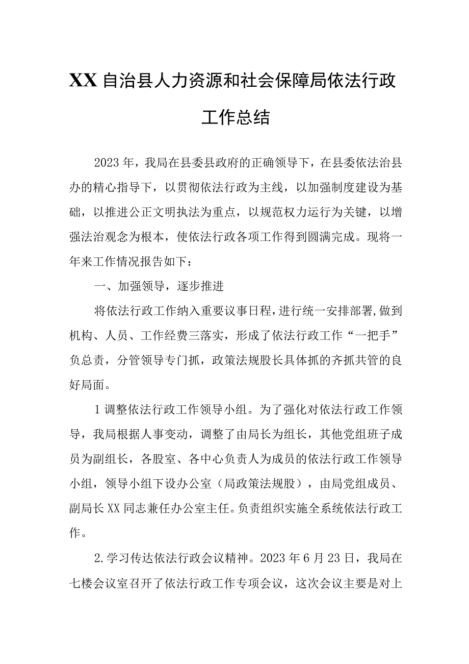 XX自治县人力资源和社会保障局依法行政工作总结.docx_第1页