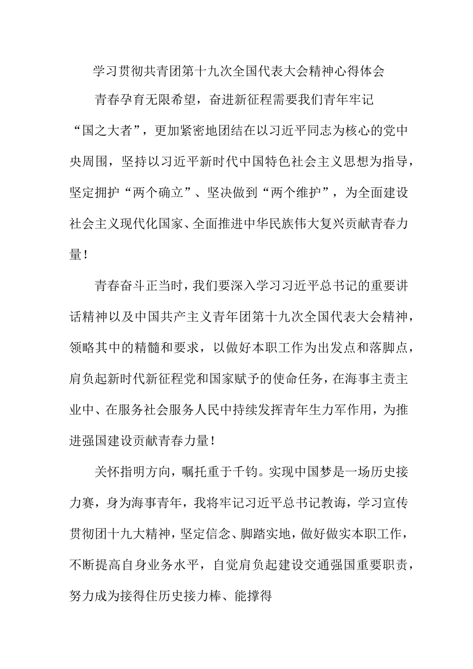 国企单位学习贯彻共青团第十九次全国代表大会精神个人心得体会 汇编5份.docx_第1页