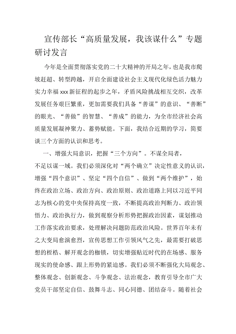 宣传部长高质量发展我该谋什么专题研讨发言.docx_第1页