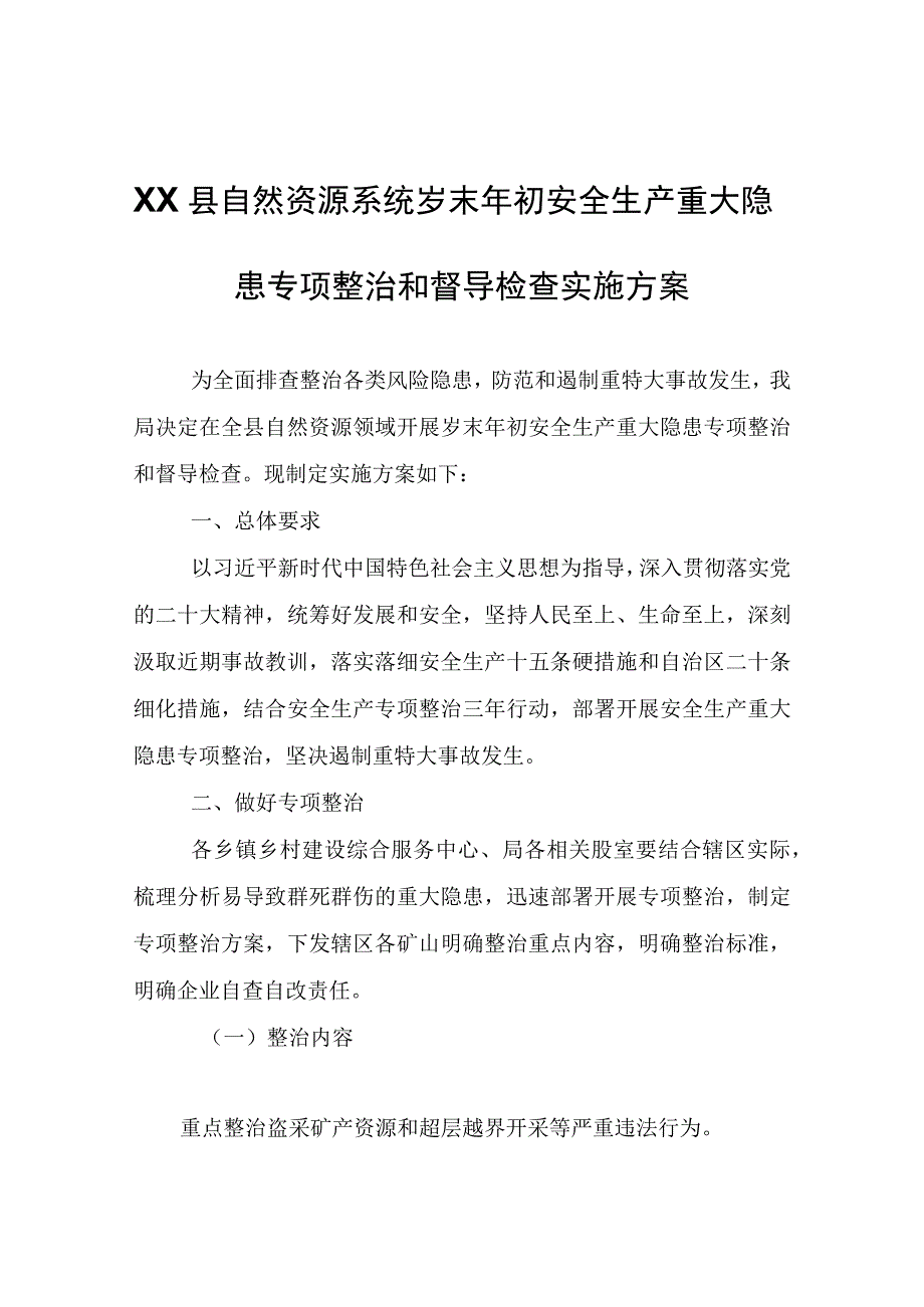 XX县自然资源系统岁末年初安全生产重大隐患专项整治和督导检查实施方案.docx_第1页