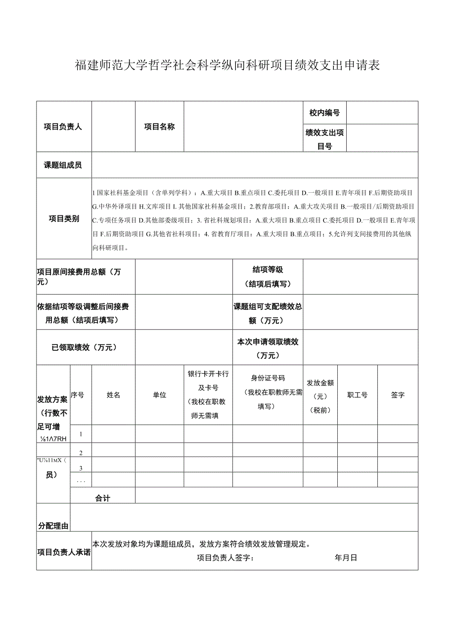 福建师范大学哲学社会科学纵向科研项目绩效支出申请表.docx_第1页