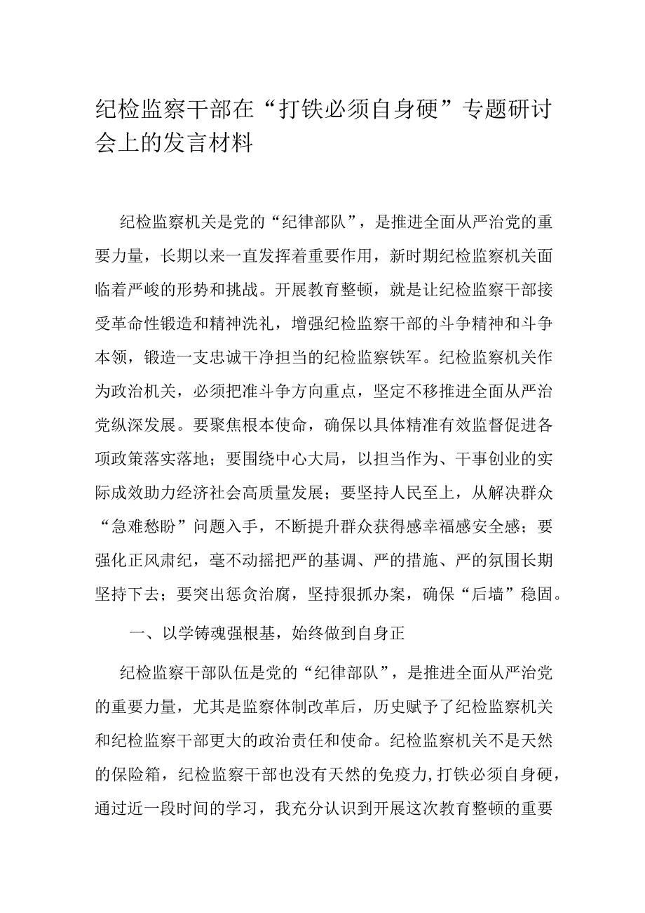 纪检监察干部在打铁必须自身硬专题研讨会上的发言材料.docx_第1页