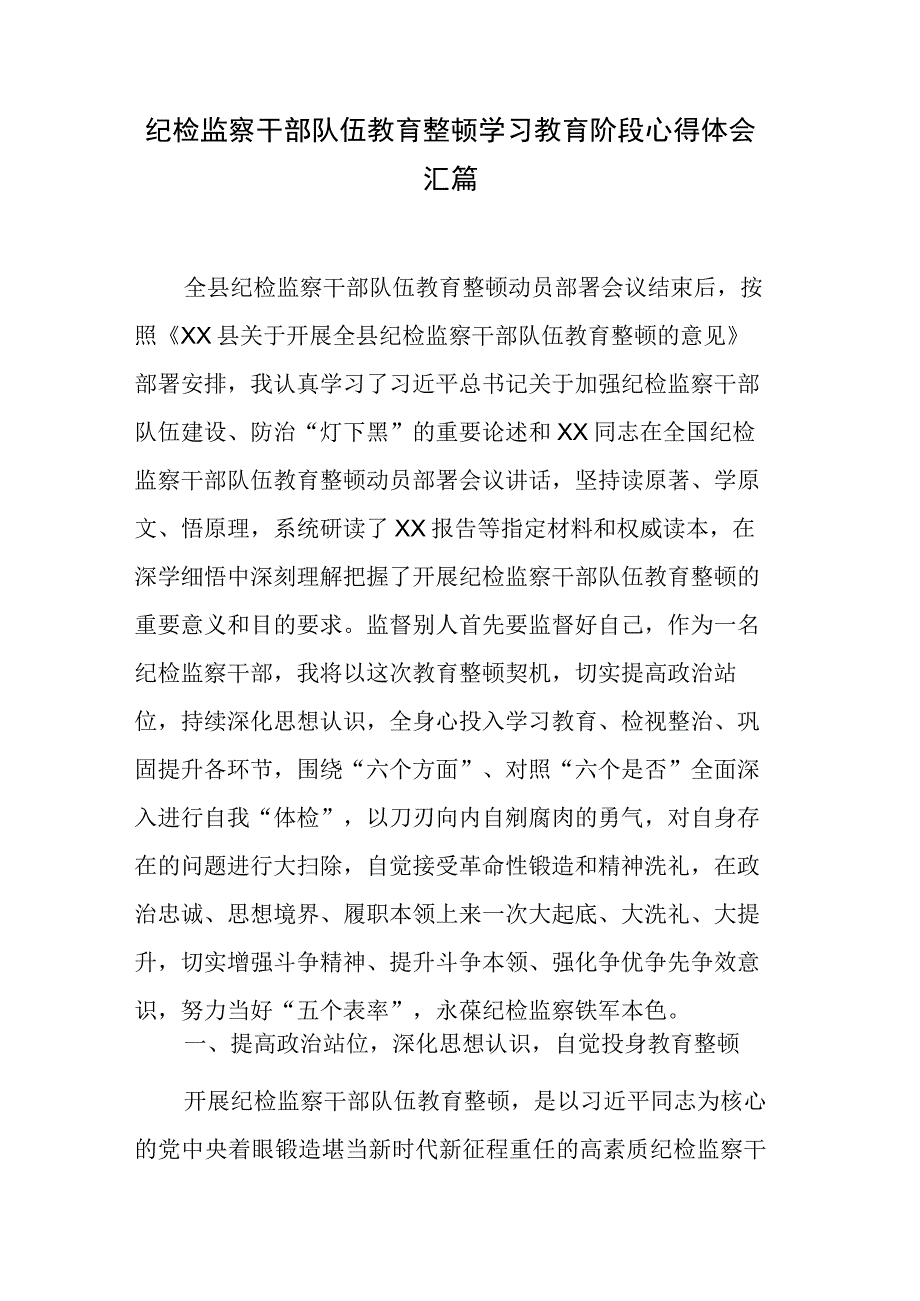 纪检监察干部队伍教育整顿学习教育阶段心得体会汇篇.docx_第1页