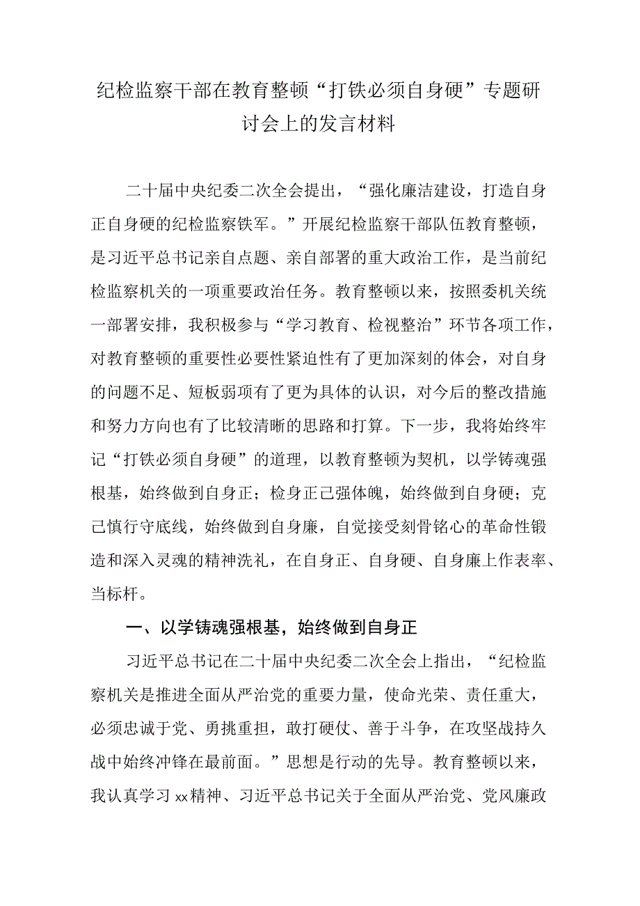 纪检监察干部在教育整顿打铁必须自身硬专题研讨会上的发言材料.docx_第1页