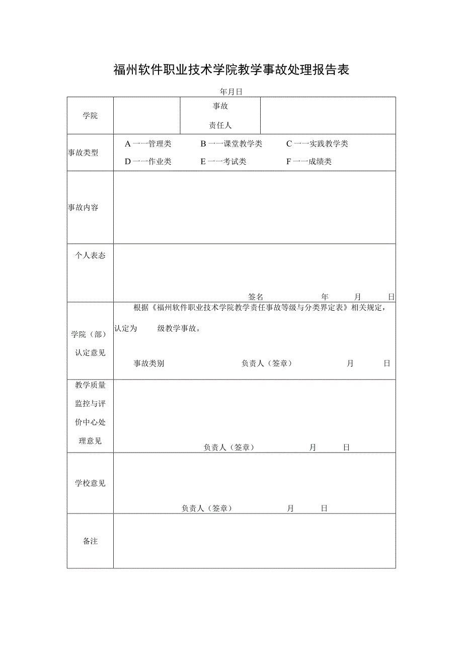 福州软件职业技术学院教学事故处理报告表.docx_第1页