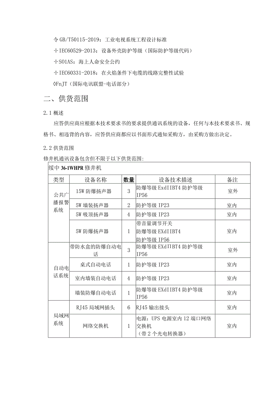 绥中361旅大52油田二次调整项目修井机一体化技术支持服务项目通讯系统设备采购技术要求书.docx_第2页