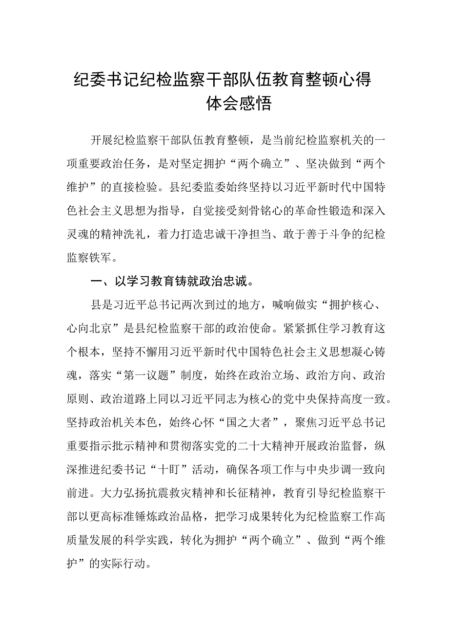 纪委书记纪检监察干部队伍教育整顿心得体会感悟五篇精选集锦.docx_第1页