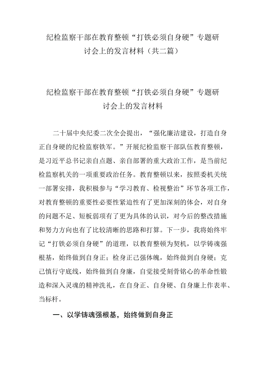 纪检监察干部在教育整顿打铁必须自身硬专题研讨会上的发言材料共二篇.docx_第1页