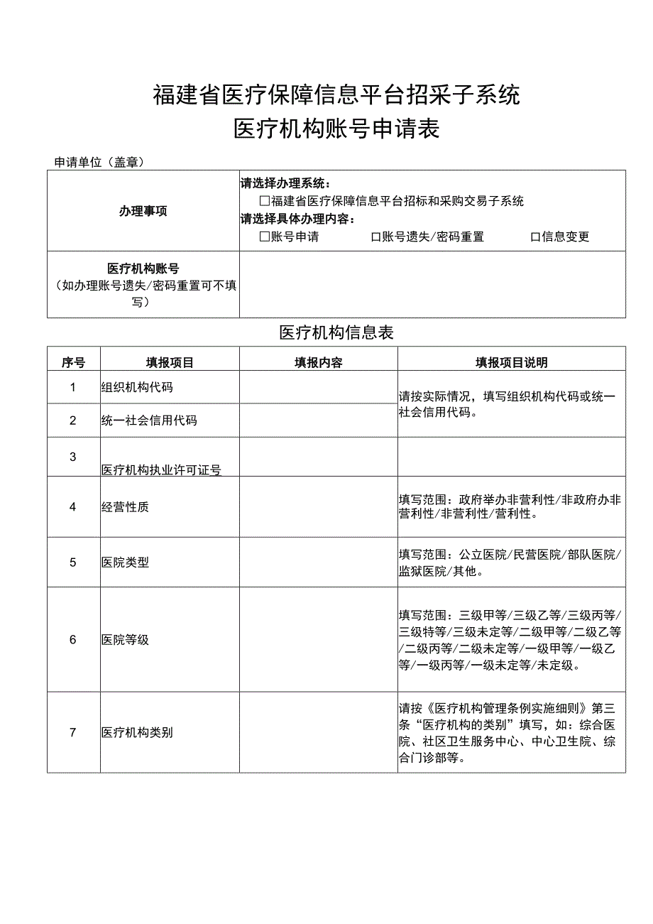 福建省医疗保障信息平台招采子系统医疗机构账号申请表.docx_第1页