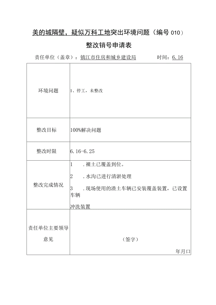 美的城隔壁疑似万科工地突出环境问题010整改销号申请表.docx_第1页