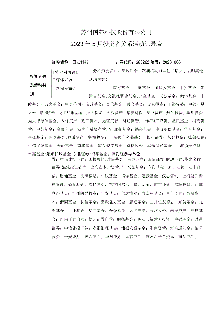 苏州国芯科技股份有限公司2023年5月投资者关系活动记录表.docx_第1页