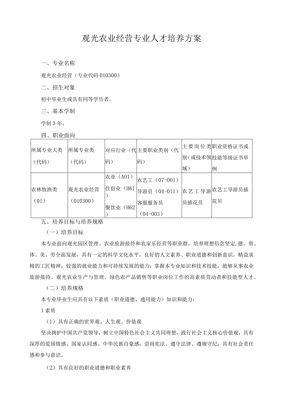 观光农业经营专业人才培养方案.docx_第1页