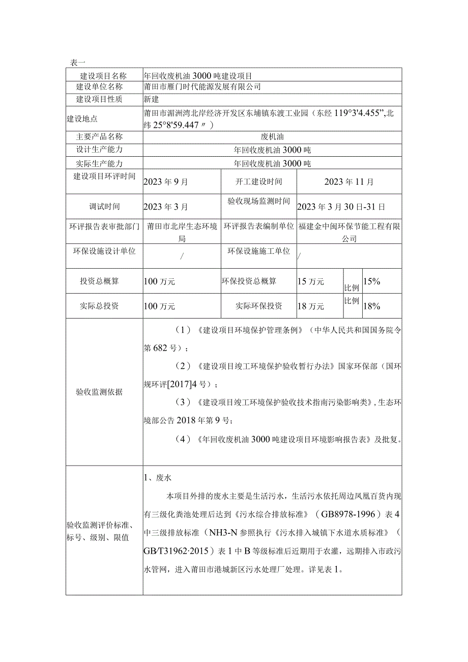 莆田市雁门时代能源发展有限公司年回收废机油3000吨建设项目竣工环境保护验收监测报告表.docx_第3页