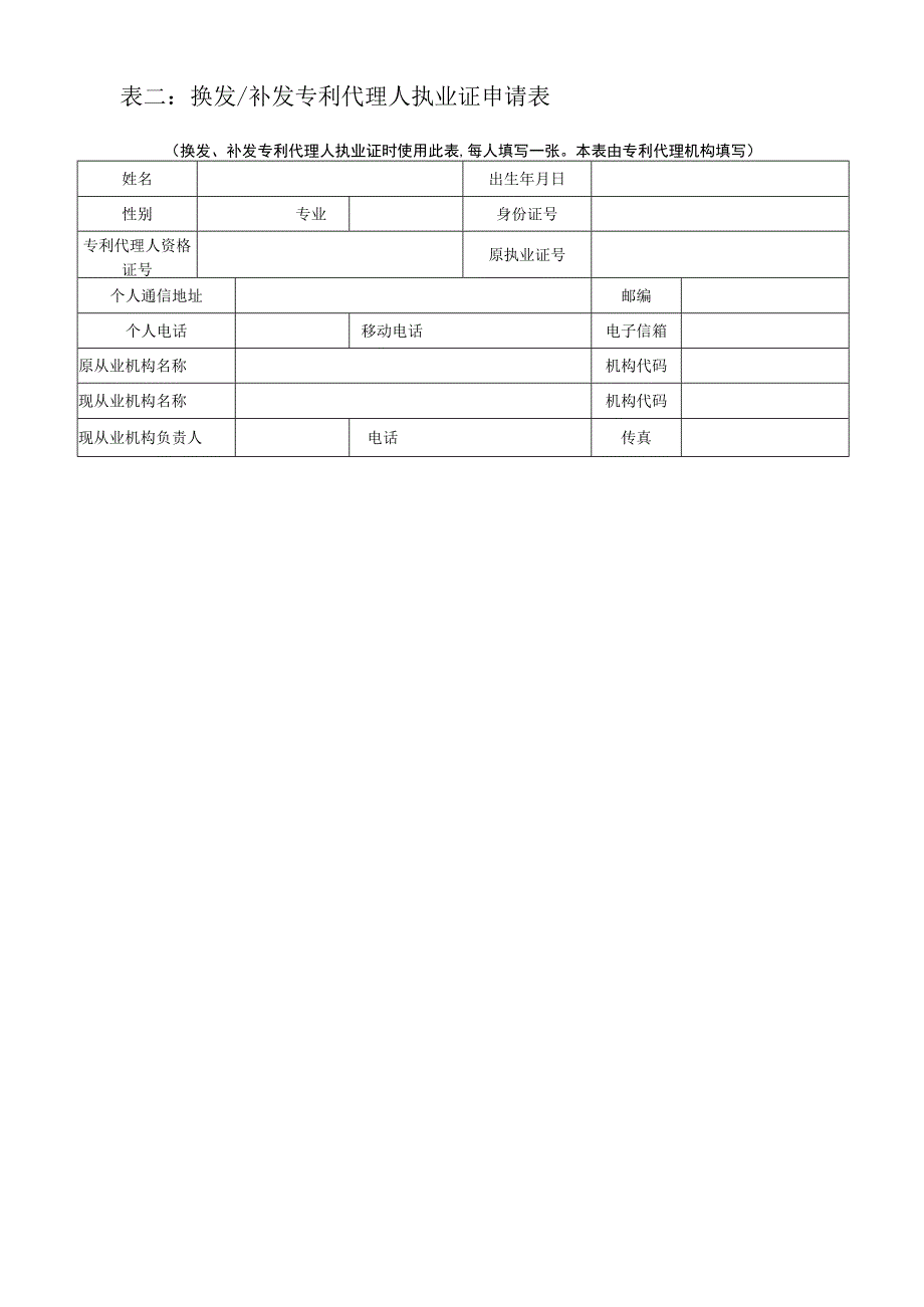 表二换发补发专利代理人执业证申请表.docx_第1页