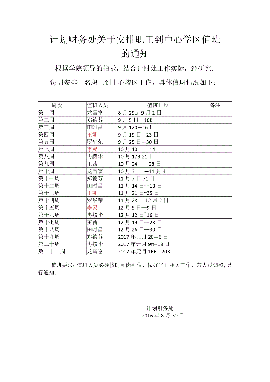 计划财务处关于安排职工到中心学区值班的通知.docx_第1页