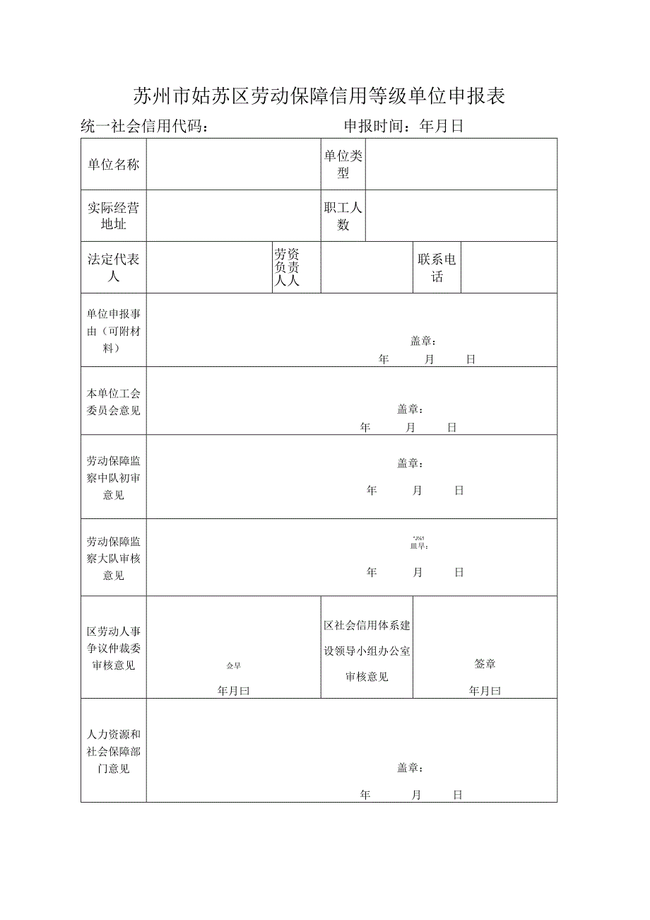 苏州市姑苏区劳动保障信用等级单位申报表.docx_第1页
