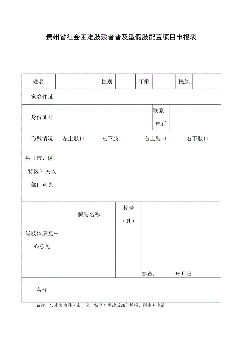 贵州省社会困难肢残者普及型假肢配置项目申报表.docx_第1页