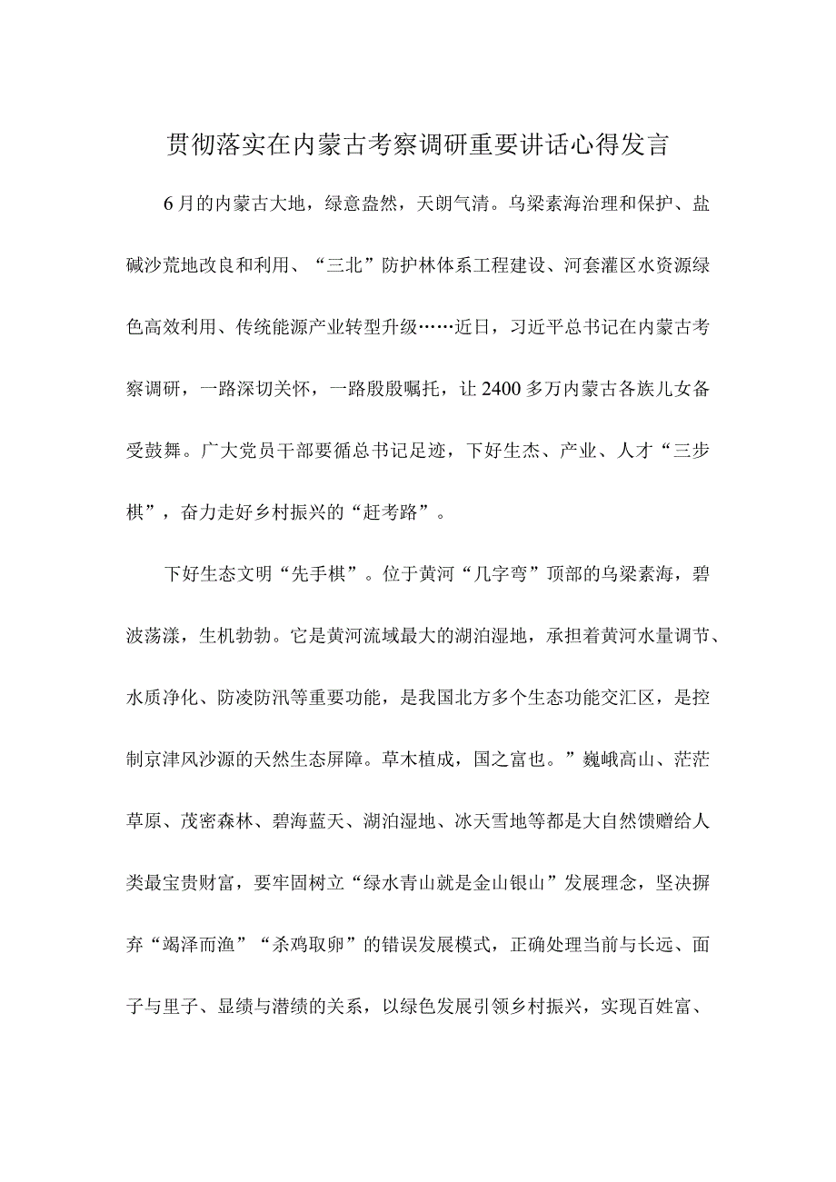 贯彻落实在内蒙古考察调研重要讲话心得发言.docx_第1页