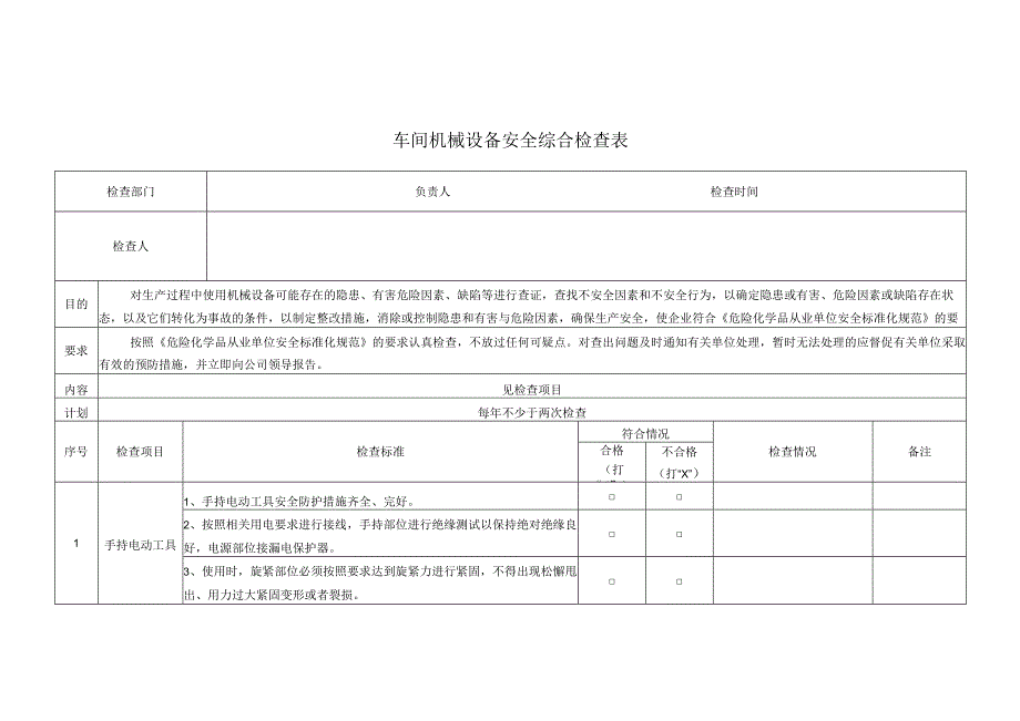 车间机械设备安全综合检查表.docx_第1页