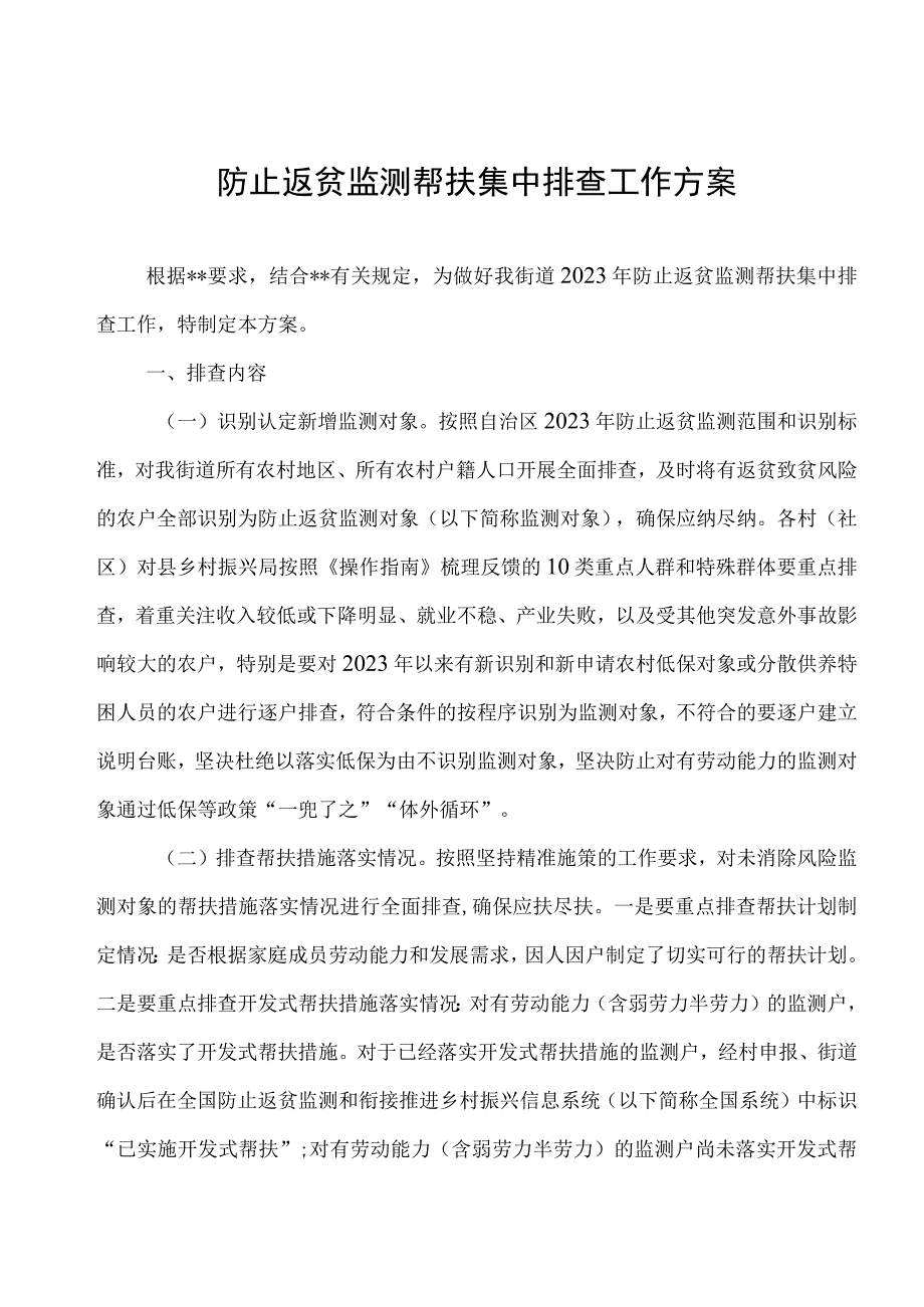 防止返贫监测帮扶集中排查工作方案.docx_第1页