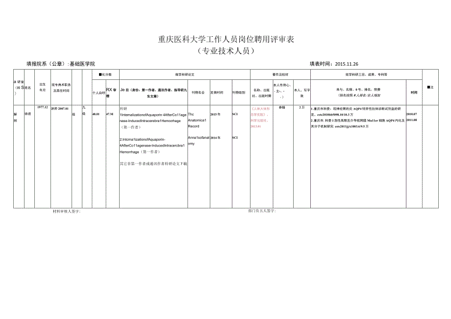 重庆医科大学工作人员岗位聘用评审表专业技术人员.docx_第1页