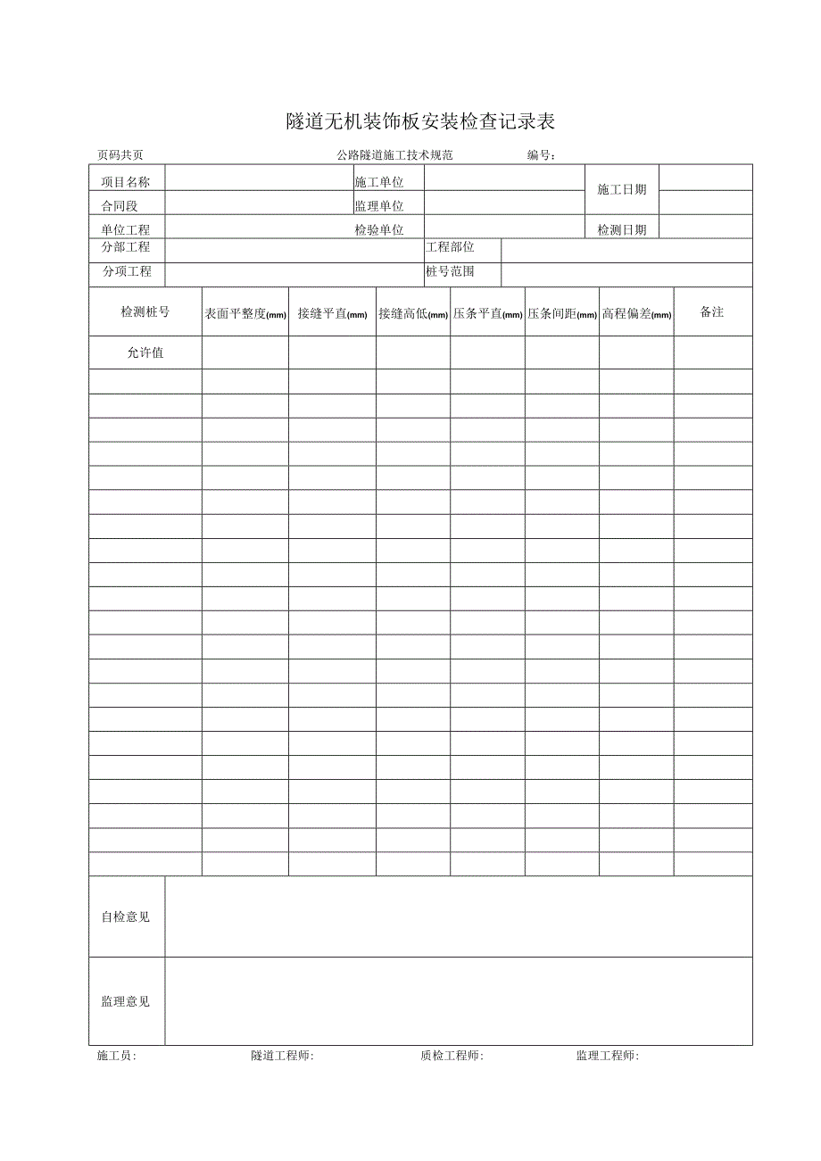 隧道无机装饰板安装检查记录表.docx_第1页