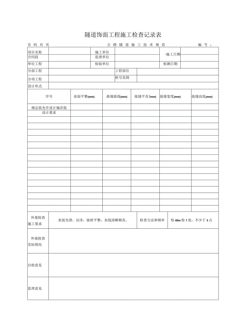 隧道饰面工程施工检查记录表.docx_第1页