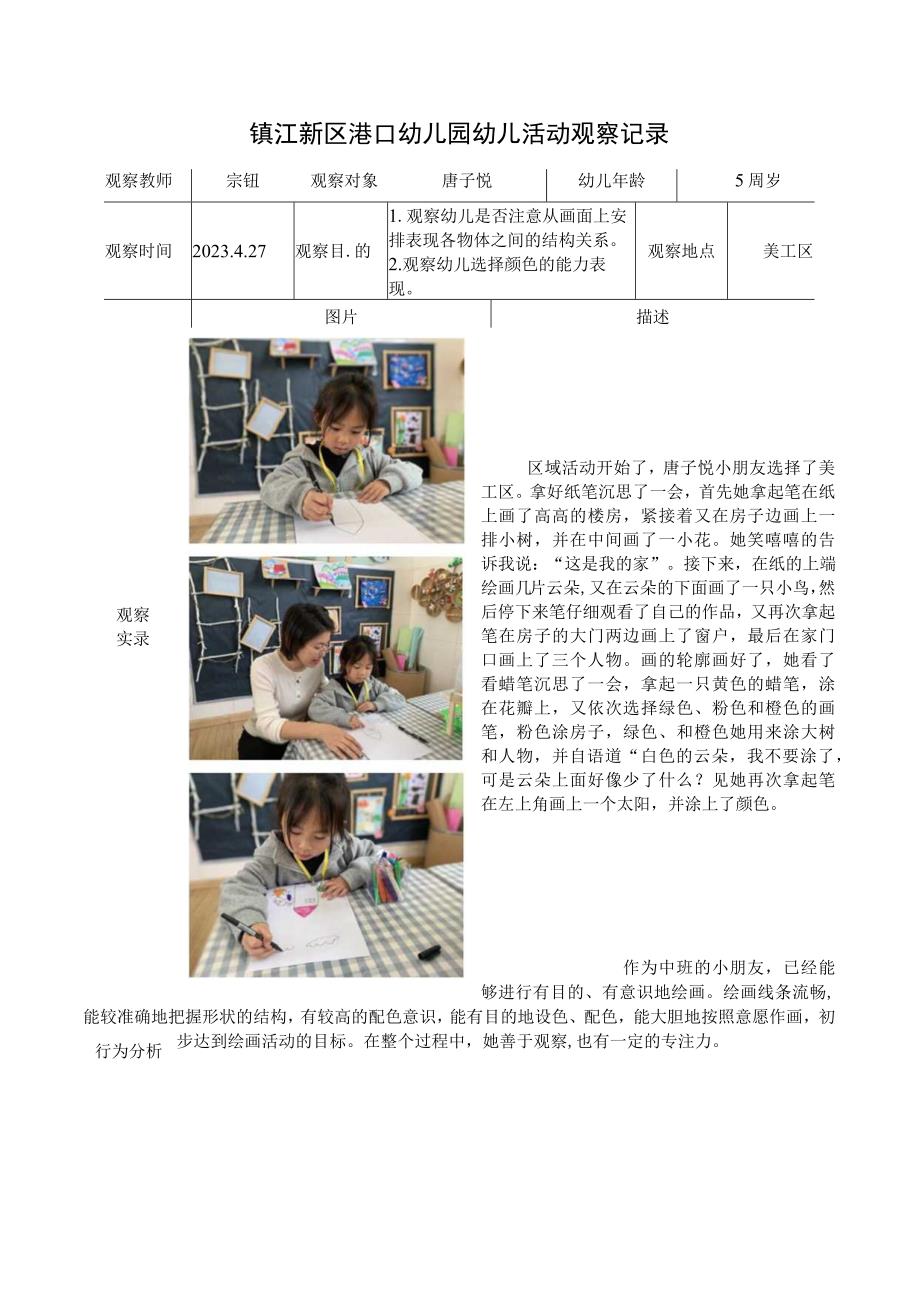 镇江新区港口幼儿园幼儿美工活动观察记录.docx_第1页