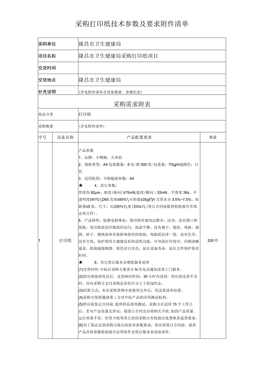 采购打印纸技术参数及要求清单.docx_第1页