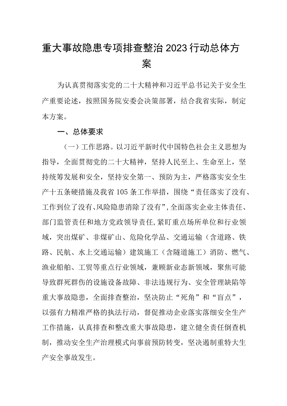 重大事故隐患专项排查整治2023行动总体方案.docx_第1页