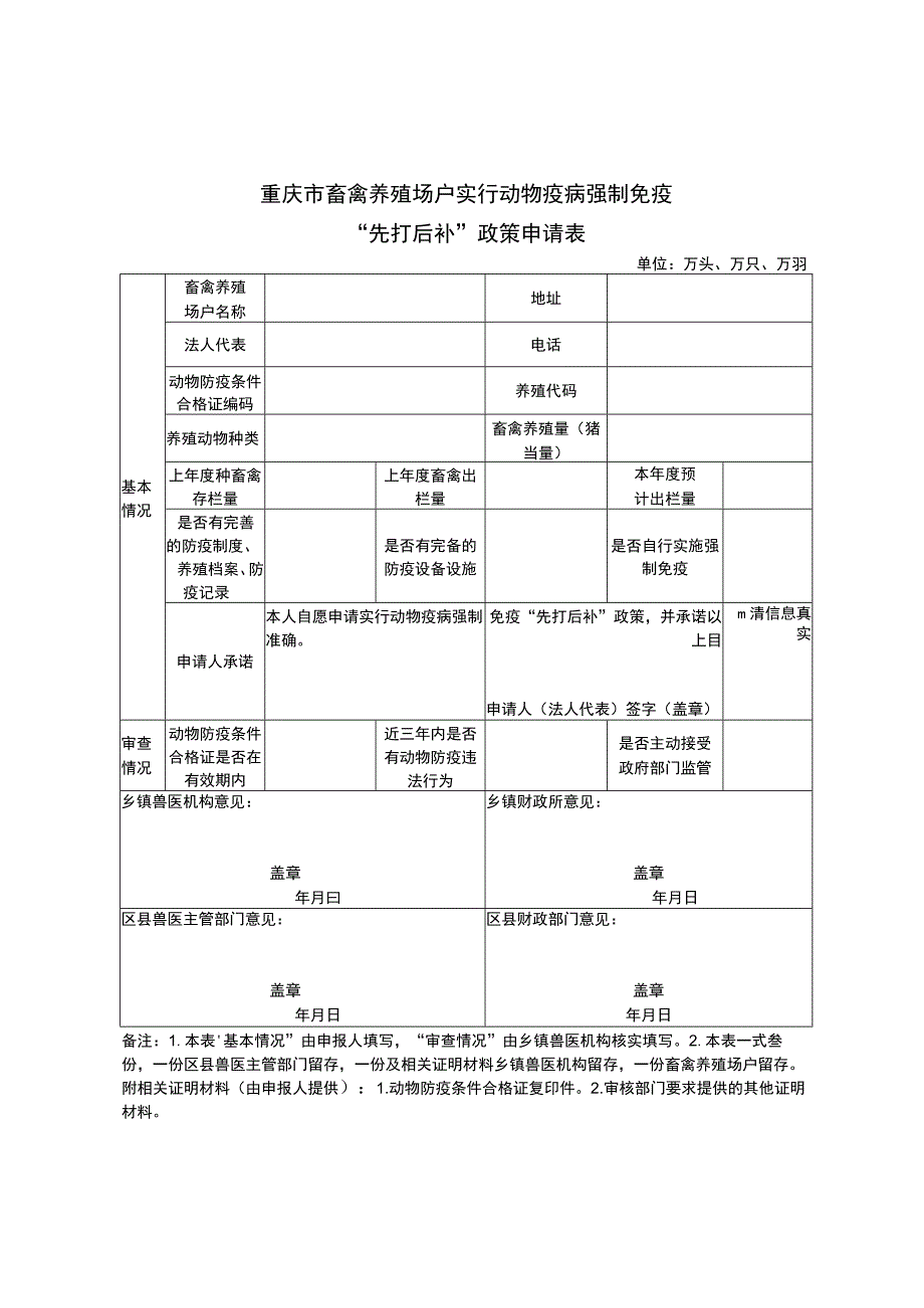 重庆市畜禽养殖场户实行动物疫病强制免疫先打后补政策申请表.docx_第1页