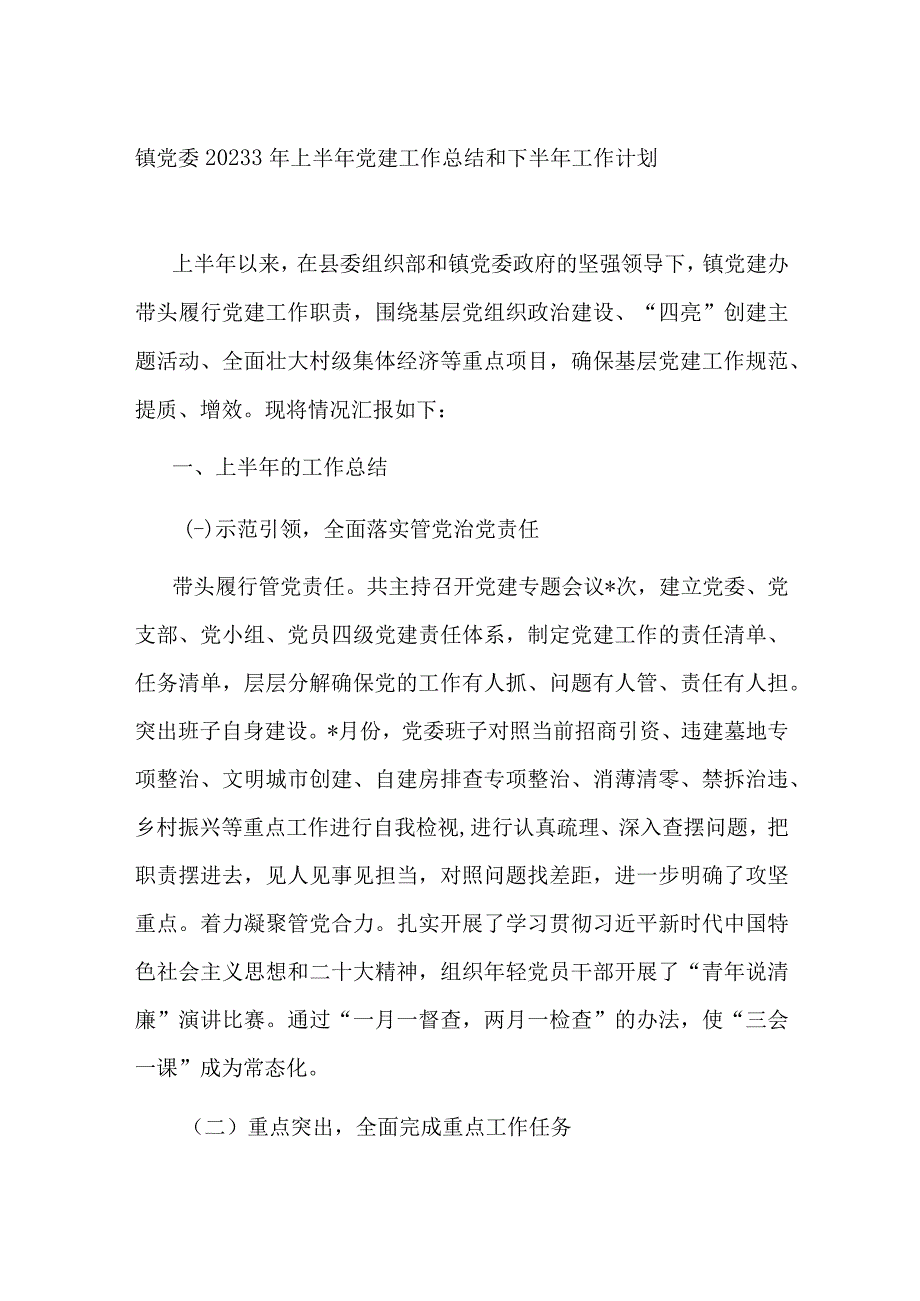 镇党委20233年上半年党建工作总结和下半年工作计划.docx_第1页