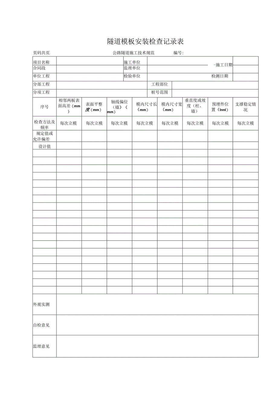 隧道模板安装检查记录表.docx_第1页