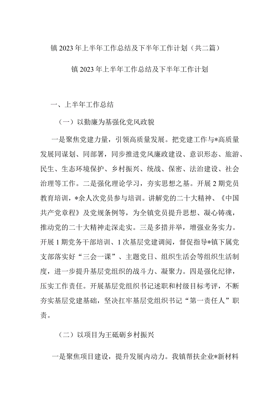 镇2023年上半年工作总结及下半年工作计划共二篇.docx_第1页