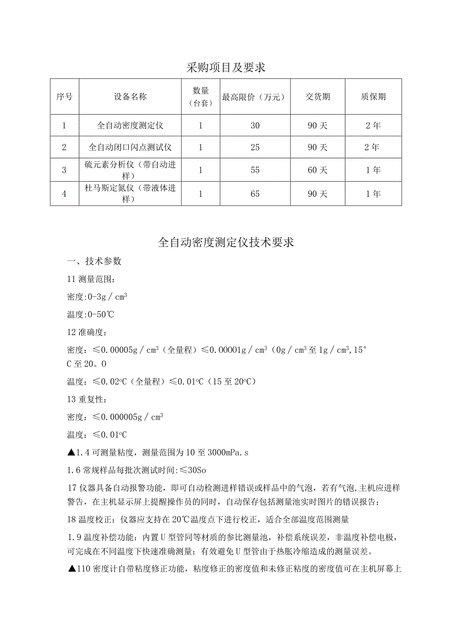 采购项目及要求质保期全自动密度测定仪技术要求.docx_第1页