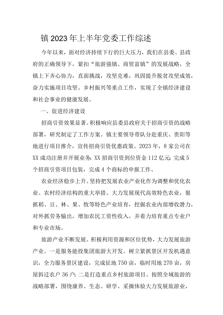 镇2023年上半年党委工作综述.docx_第1页