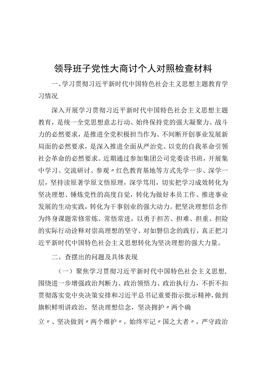 领导班子党性大讨论个人对照检查材料.docx_第1页