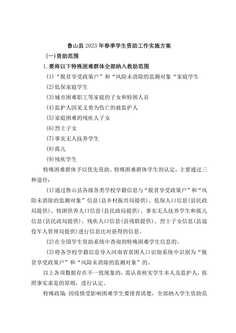 鲁山县2023年春季学生资助工作实施方案.docx_第1页