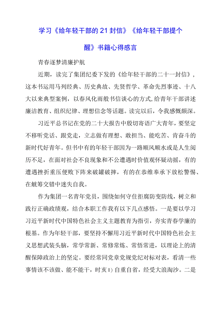 2023年党员干部学习《给年轻干部的21封信》《给年轻干部提个醒》书籍心得感言.docx_第1页