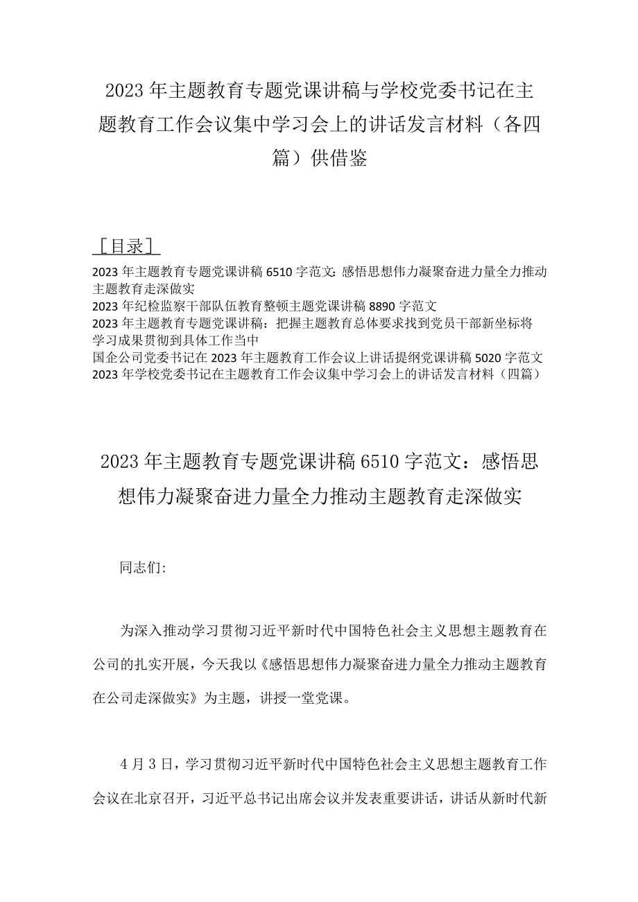 2023年主题教育专题党课讲稿与学校党委书记在主题教育工作会议集中学习会上的讲话发言材料各四篇供借鉴.docx_第1页