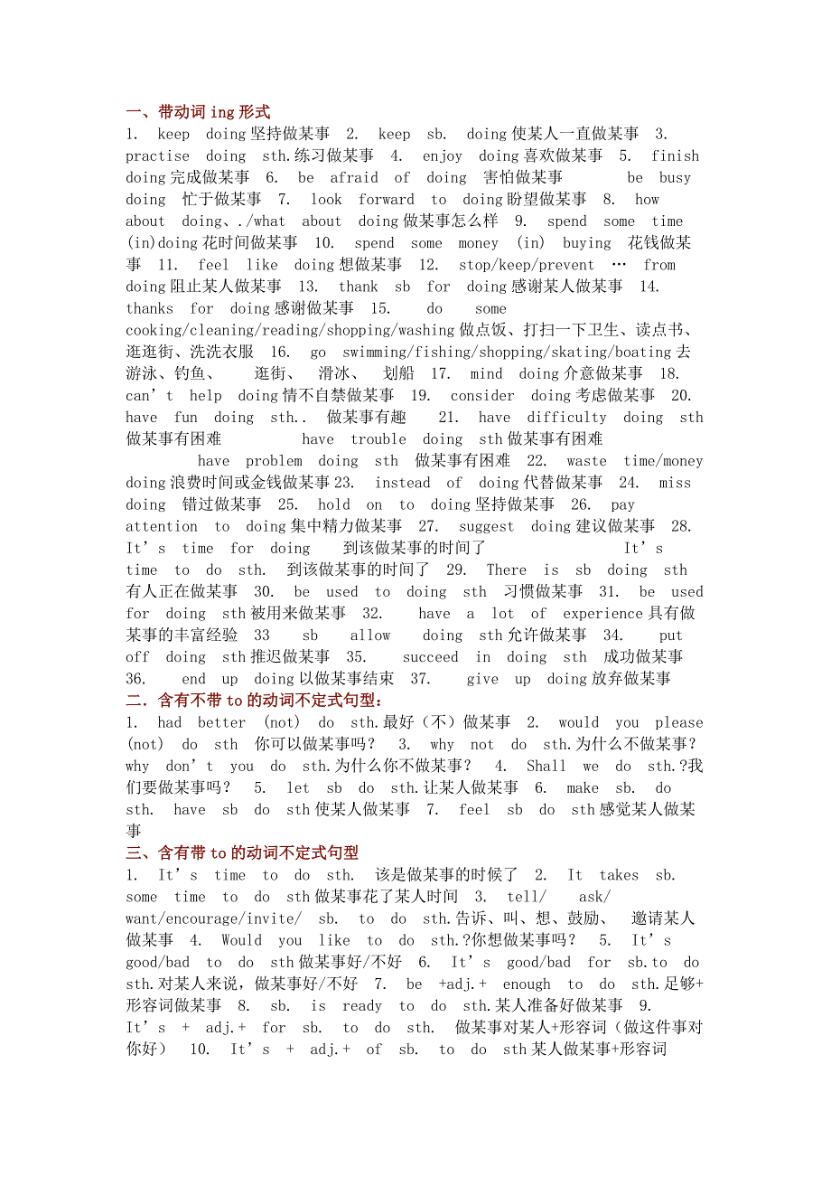 初中三年全部英语动词+doing和+to do 句型全总结.docx_第1页