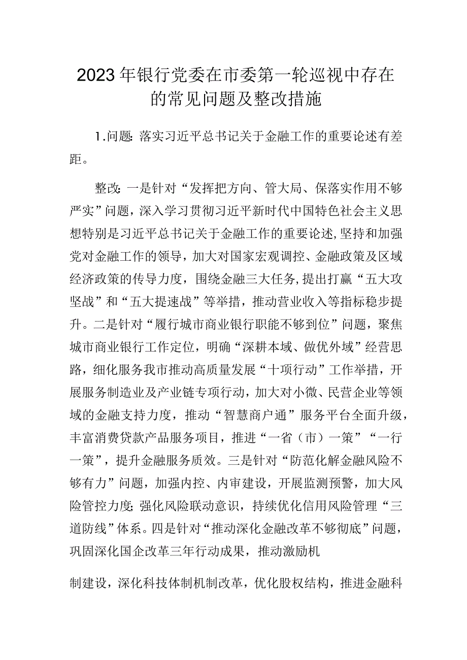 2023年银行党委在市委第一轮巡视中存在的常见问题及整改措施.docx_第1页