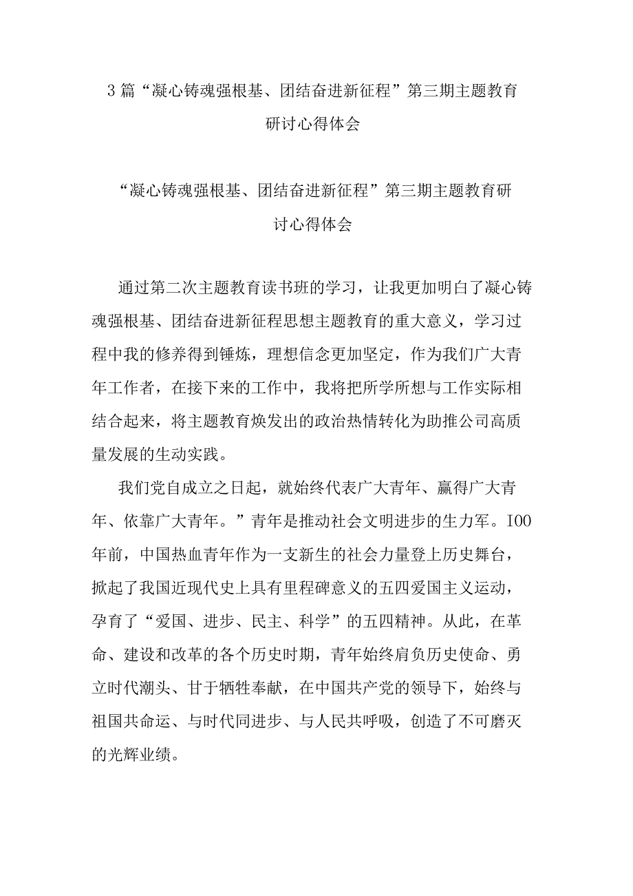 3篇“凝心铸魂强根基、团结奋进新征程”第三期主题教育研讨心得体会.docx_第1页