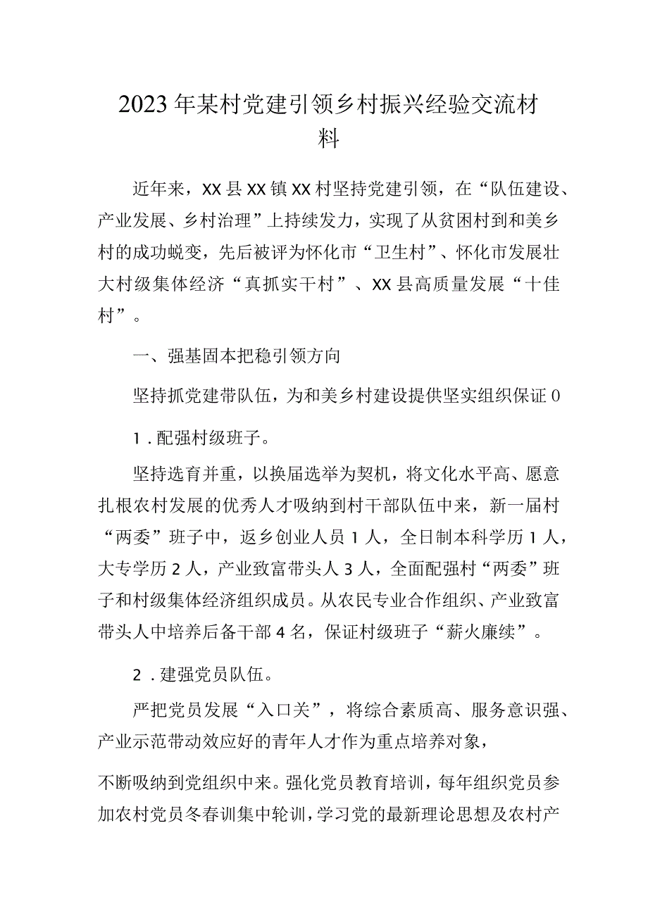 2023年某村党建引领乡村振兴经验交流材料.docx_第1页