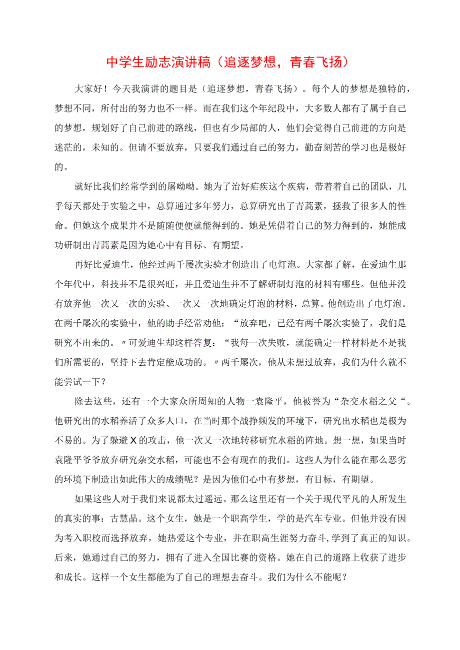 2023年中学生励志演讲稿 《追逐梦想青春飞扬》.docx_第1页