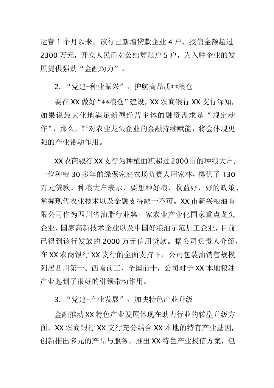 2023某银行党建工作高质量发展总结暨经验研讨交流材料：党建引领促发展金融赋能提振兴.docx_第2页