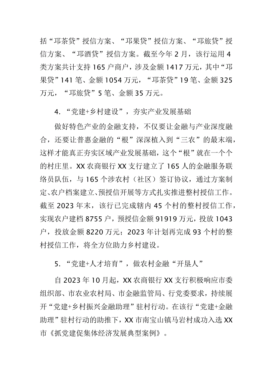 2023某银行党建工作高质量发展总结暨经验研讨交流材料：党建引领促发展金融赋能提振兴.docx_第3页